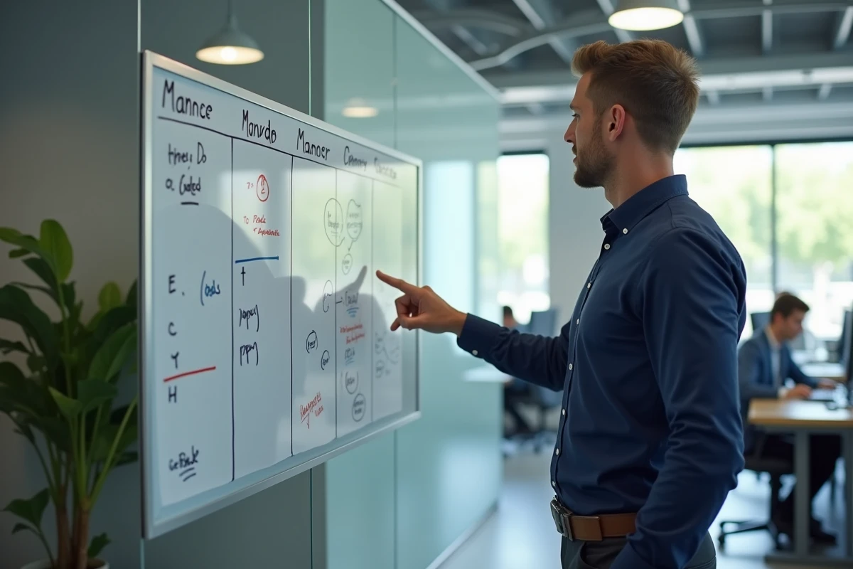 Homme en réunion professionnelle devant un tableau de planification 2026 organisé par semaines paires et impaires