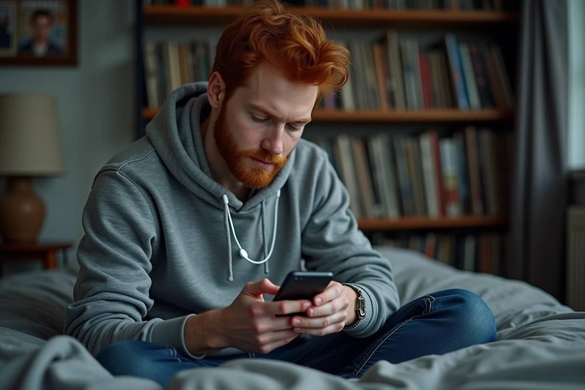 Jeune homme roux britannique découvrant de nouveaux artistes musicaux sur son smartphone dans un appartement londonien