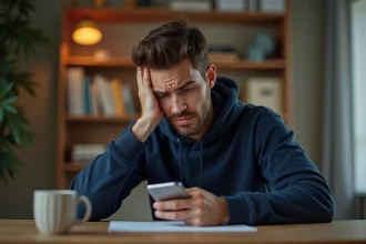 Homme frustré regardant son smartphone après avoir été exclu d'un club dans un jeu mobile