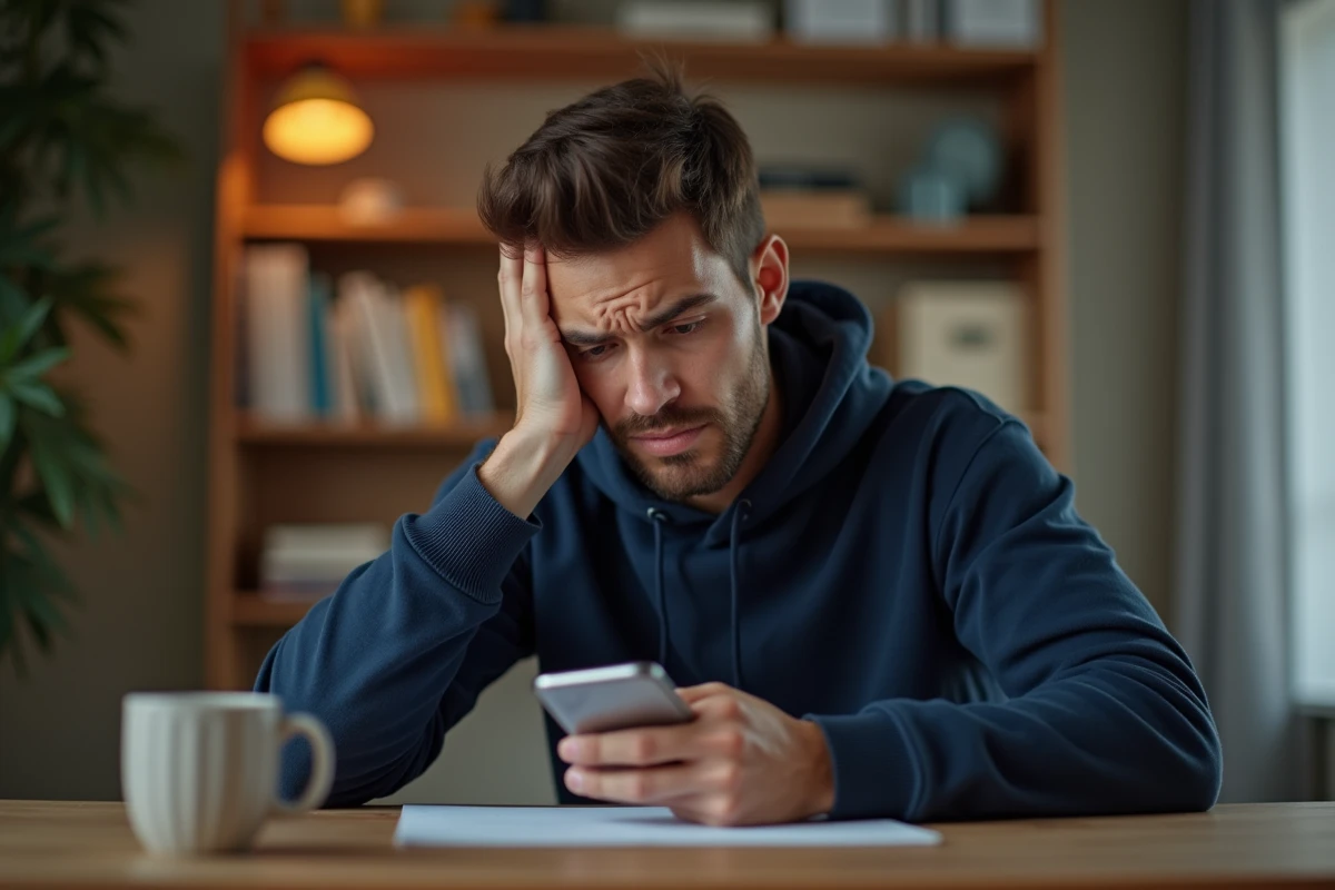 Homme frustré regardant son smartphone après avoir été exclu d'un club dans un jeu mobile