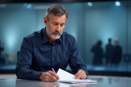 Journaliste professionnel assis à un bureau de plateau télévisé, consultant ses notes avant une émission d'information en direct