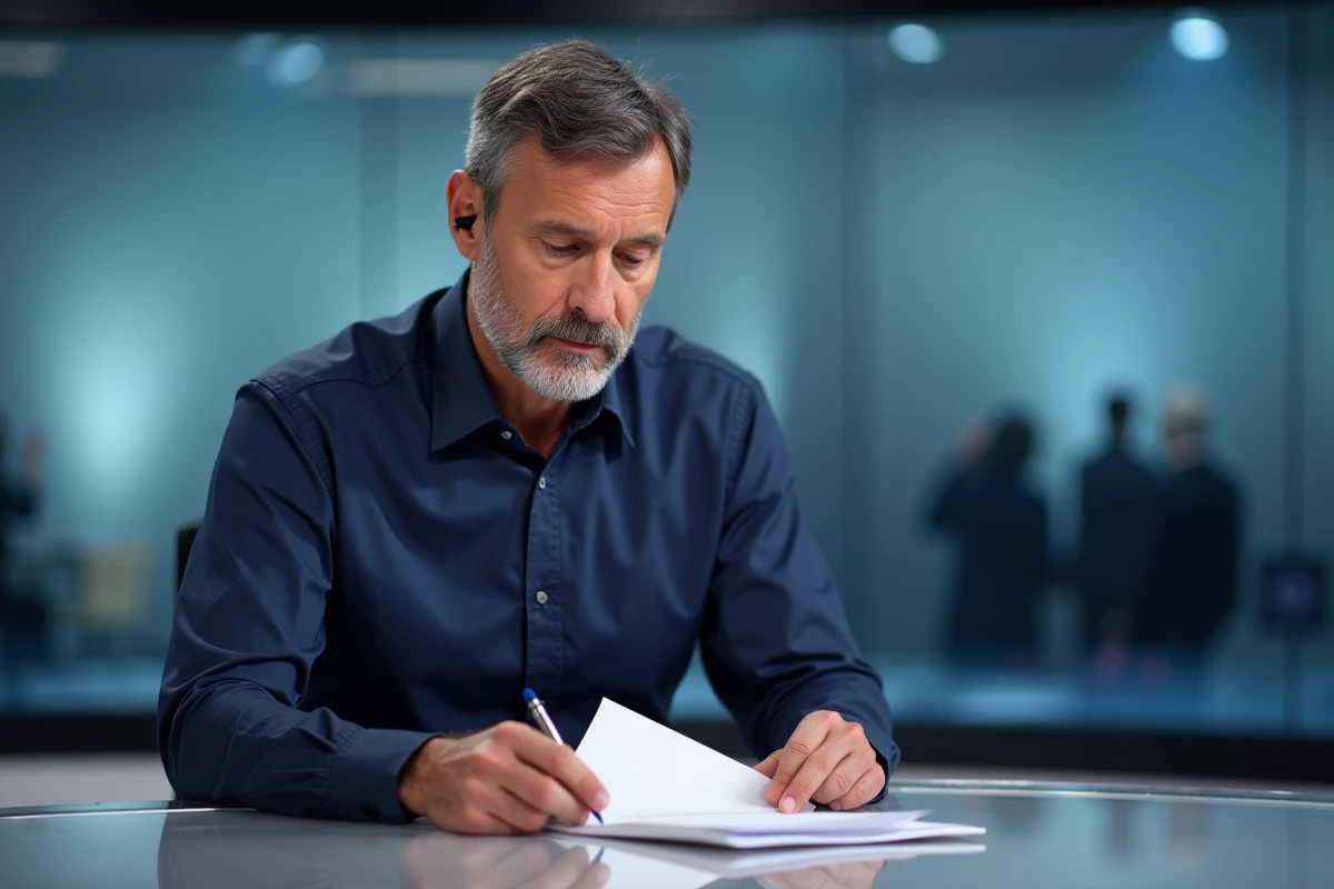 Journaliste professionnel assis à un bureau de plateau télévisé, consultant ses notes avant une émission d'information en direct
