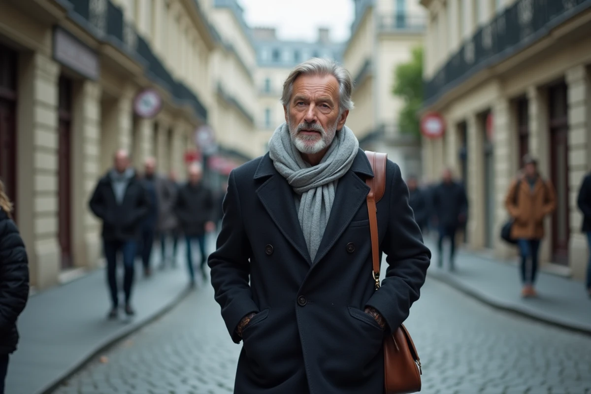 Journaliste parisien marchant dans une rue de Paris en manteau sombre, image candide au style reportage éditorial