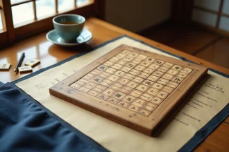 Grille de mots croisés en bois posée sur du papier washi japonais avec tuiles de lettres et tasse en céramique bleue, ambiance studieuse japonaise traditionnelle