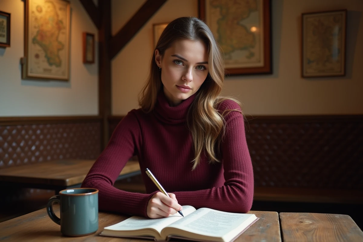 Jeune femme prenant des notes sur les paroles et le contexte historique de La Strasbourgeoise dans un winstub alsacien