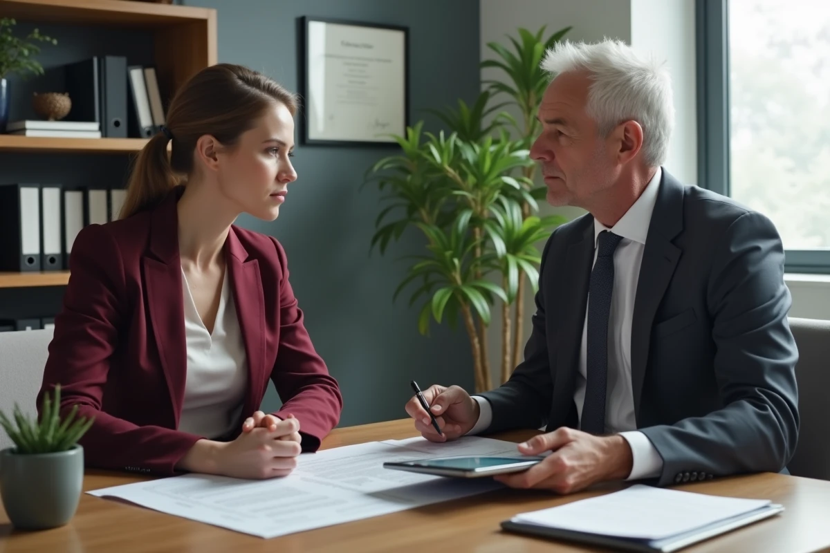 Deux professionnels discutant d'une couverture d'assurance entreprise dans le bureau d'un courtier
