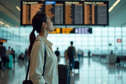 Femme consultant un tableau des départs dans un aéroport international avec des fuseaux horaires affichés