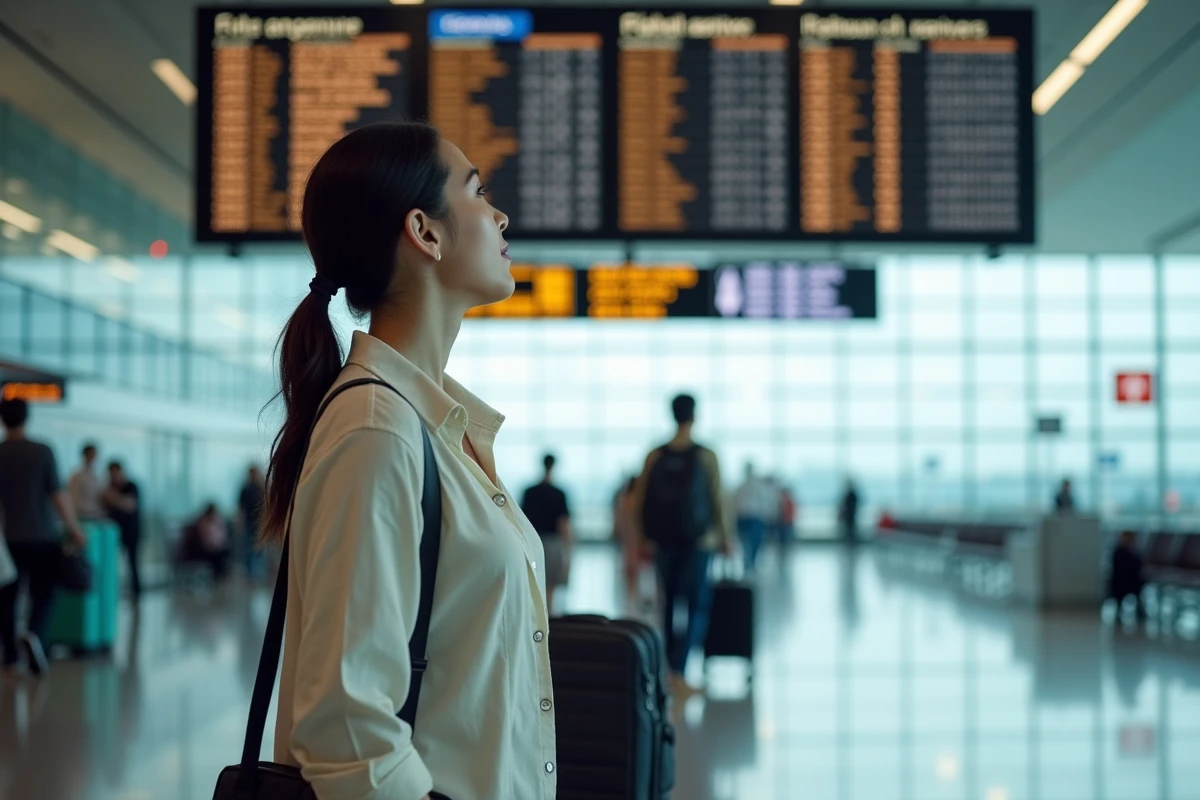 Femme consultant un tableau des départs dans un aéroport international avec des fuseaux horaires affichés