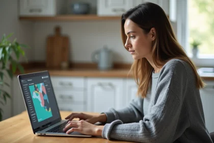 Femme vérifiant la couverture TNT depuis son ordinateur portable dans une cuisine domestique
