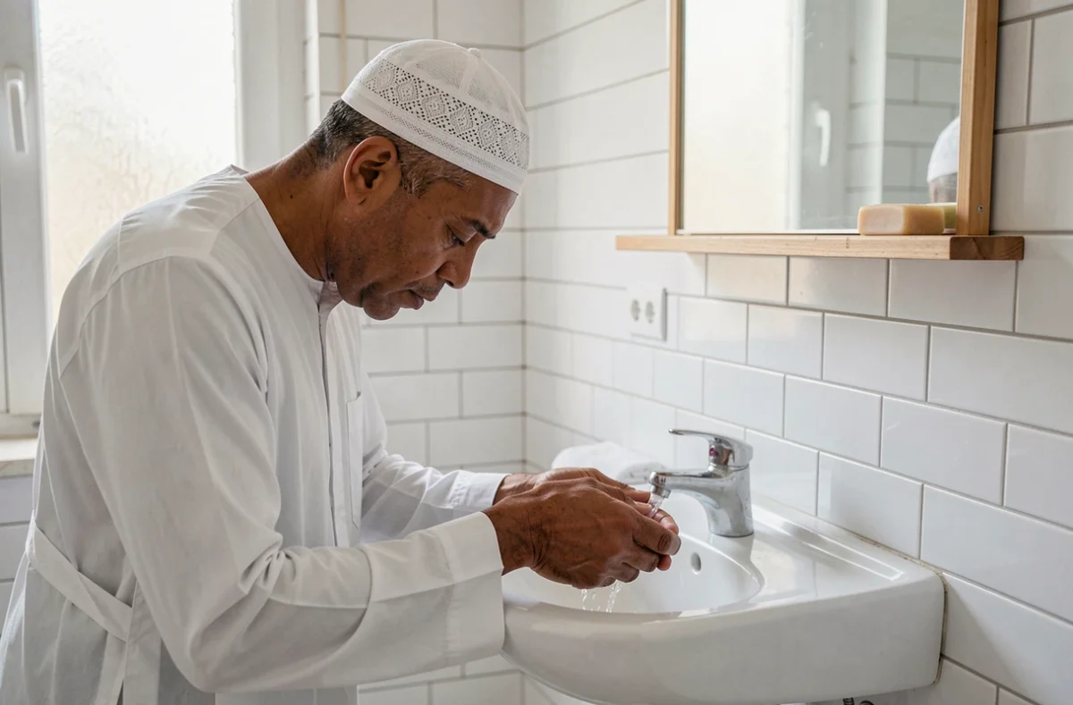 Homme effectuant ses ablutions avant la prière du fajr dans un appartement à Bondy