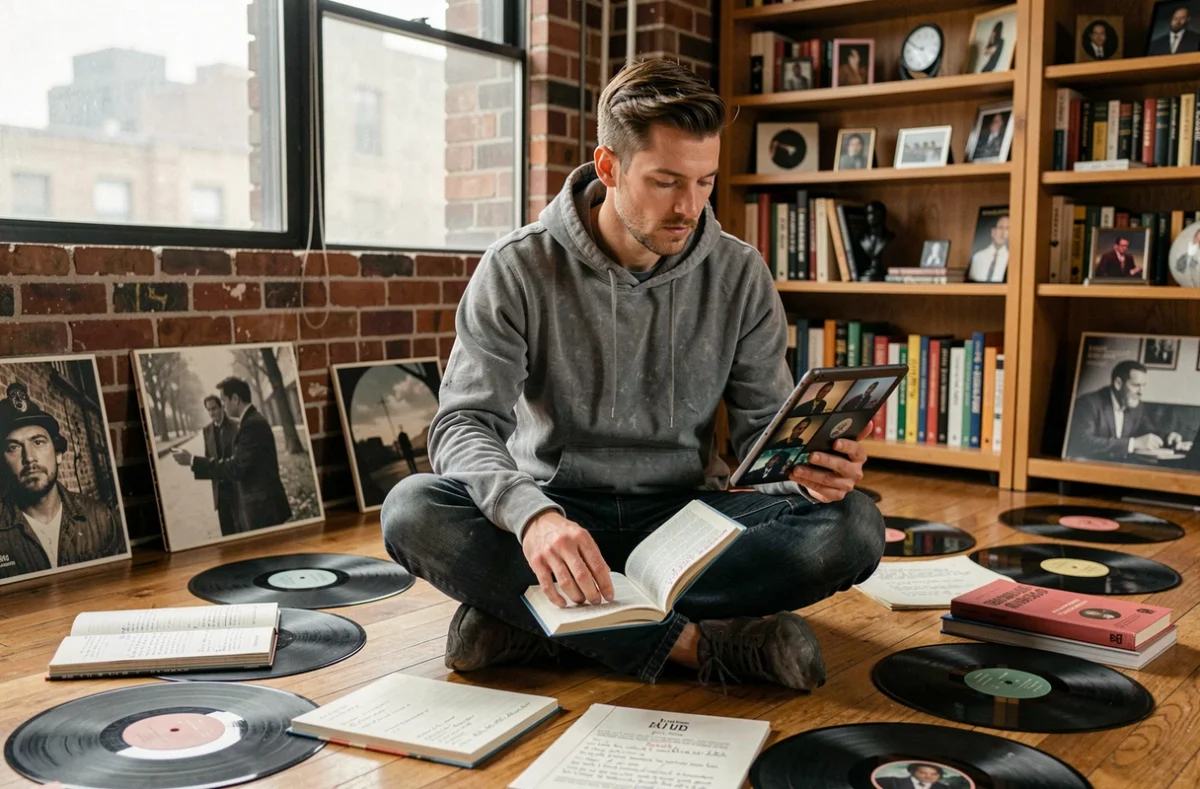 Homme entouré de disques vinyles, scripts de films et romans annotés explorant les symboles allégoriques dans la culture populaire contemporaine