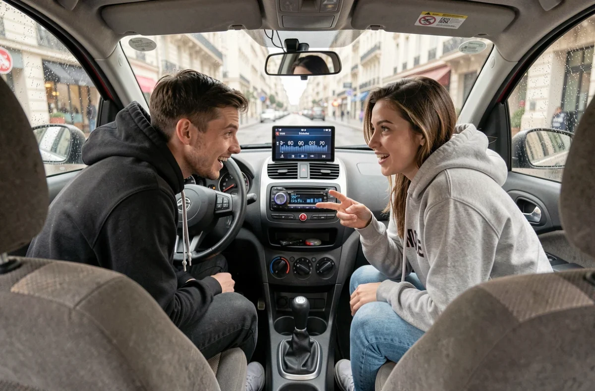 Deux jeunes adultes cherchant la fréquence Skyrock sur l'autoradio à bord d'une voiture en ville en France