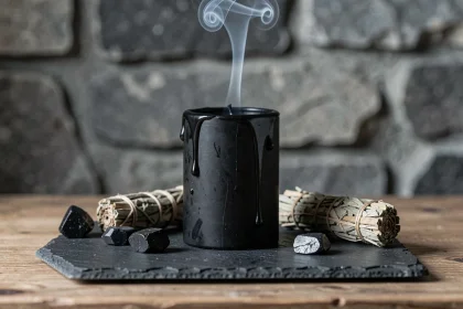 Bougie noire sur un autel de pierres d'obsidienne et de sauge séchée symbolisant les énergies des chakras