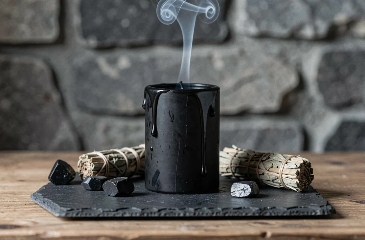 Bougie noire sur un autel de pierres d'obsidienne et de sauge séchée symbolisant les énergies des chakras