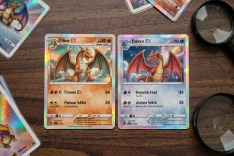 Collection de cartes Pokémon Dracaufeu Ex en français et en anglais disposées côte à côte sur une table en bois sombre