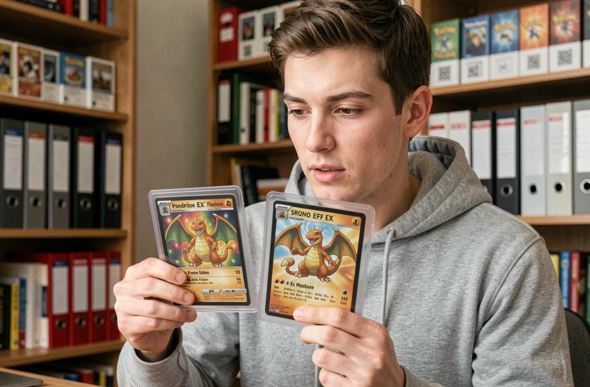 Collectionneur comparant une carte Pokémon Dracaufeu Ex française et une version anglaise dans des protèges-cartes transparents