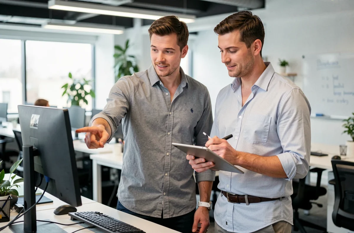 Deux collègues planifiant leurs achats Cyber Monday ensemble devant un ordinateur au bureau