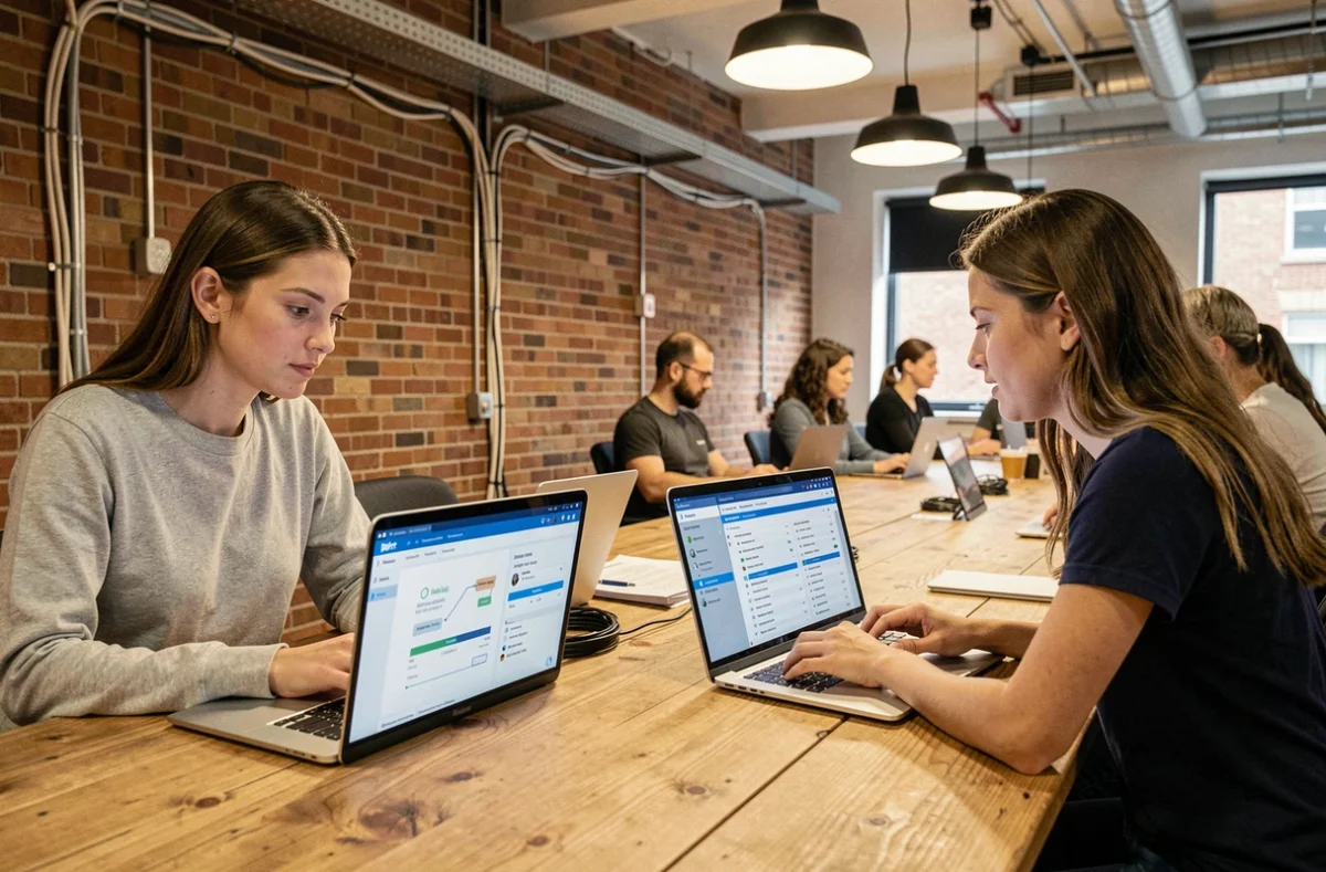 Deux joueuses comparant des outils de build en ligne sur leurs ordinateurs portables dans un espace de coworking moderne