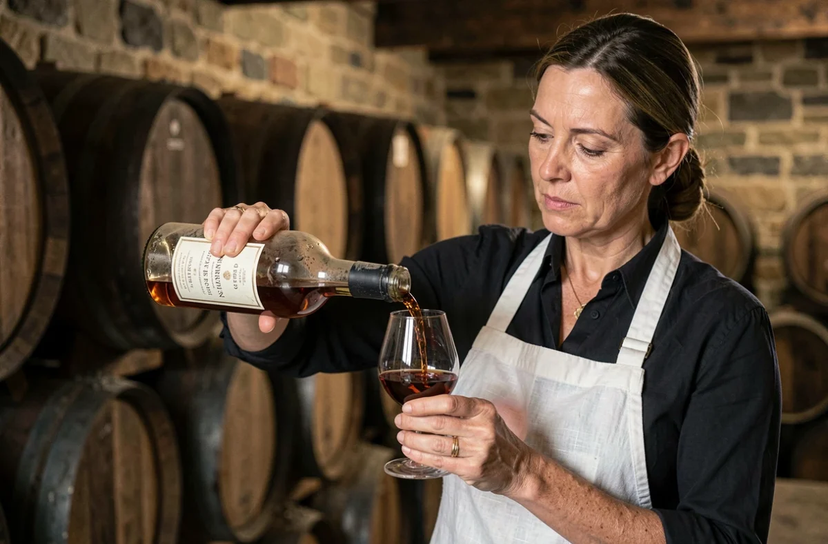 Sommelière versant de l'armagnac vintage dans un verre de dégustation dans une cave à barriques en Gascogne