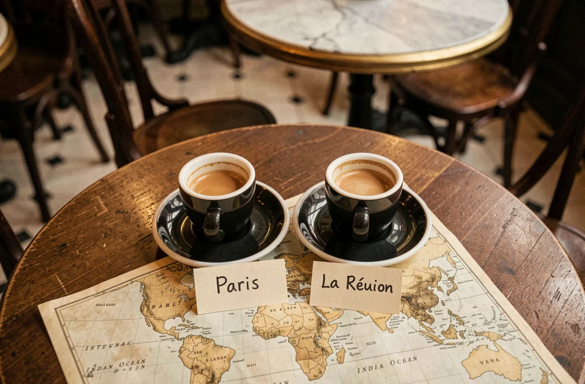 Deux tasses de café dans un bistrot parisien avec cartes indiquant l'heure à Paris et à La Réunion