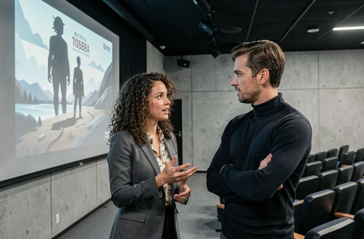 Deux personnes discutant devant un écran de projection montrant des images allégoriques tirées d'une série animée moderne dans une salle culturelle contemporaine