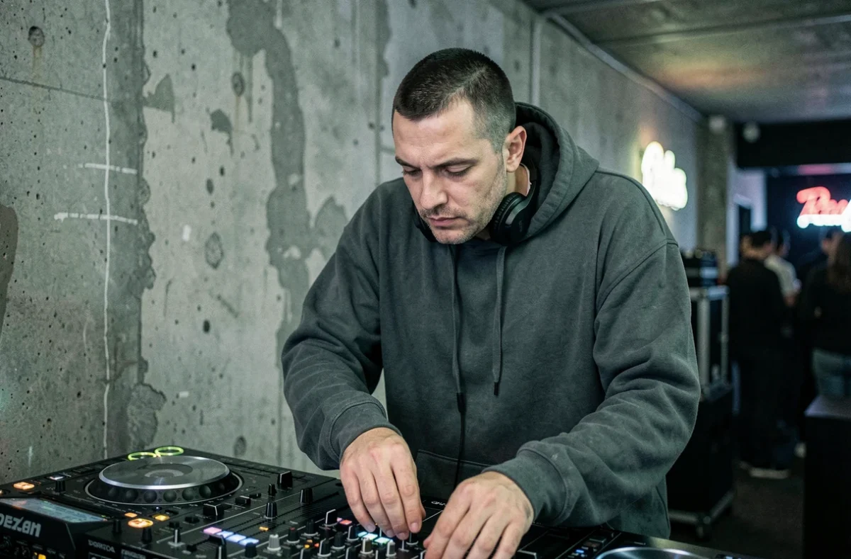 DJ professionnel en cabine dans un club techno parisien derrière une table de mixage