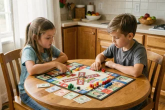 Deux enfants jouant au Monopoly Junior sur une table en bois dans une cuisine familiale chaleureuse