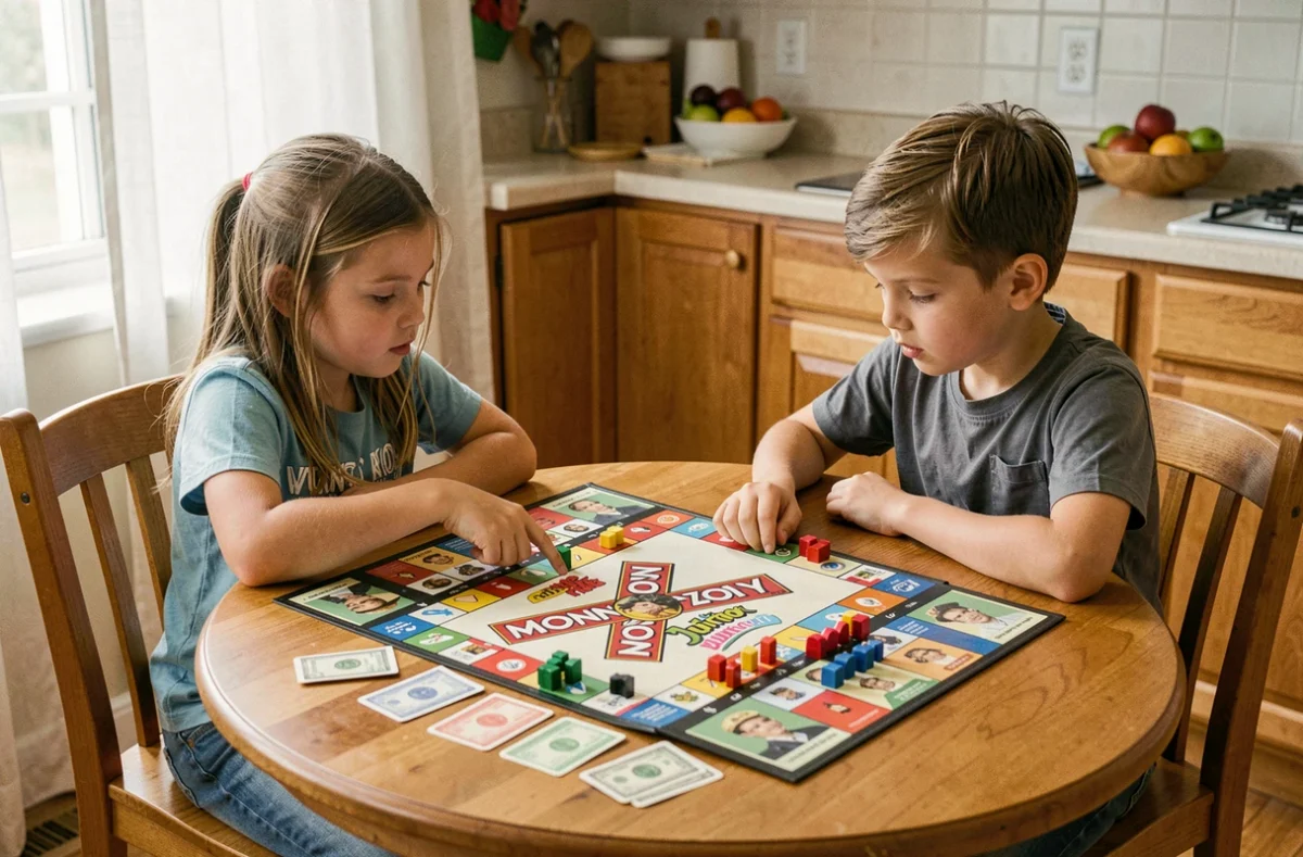 Deux enfants jouant au Monopoly Junior sur une table en bois dans une cuisine familiale chaleureuse