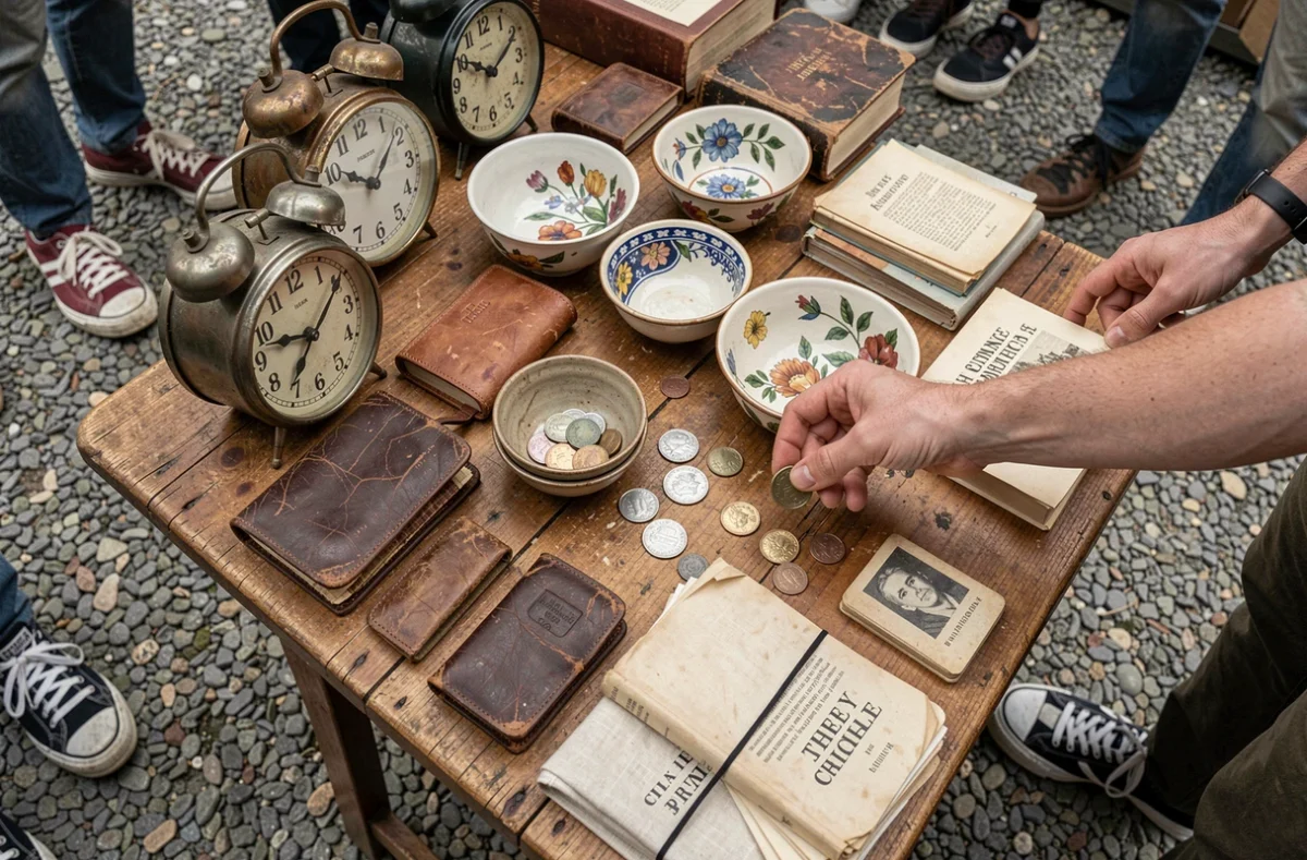 Vue en plongée d'un étal de vide grenier avec des objets vintage et chineurs au marché aux puces du Tarn-et-Garonne