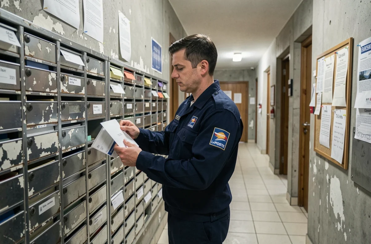 Facteur déposant des lettres dans des boîtes aux lettres d'un immeuble résidentiel français