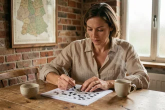 Femme résolvant des mots croisés avec une grille montrant des villes belges en quatre lettres, intérieur belge authentique