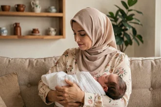 Femme musulmane en hijab tenant un nouveau-né et récitant une prière de protection contre le mauvais œil