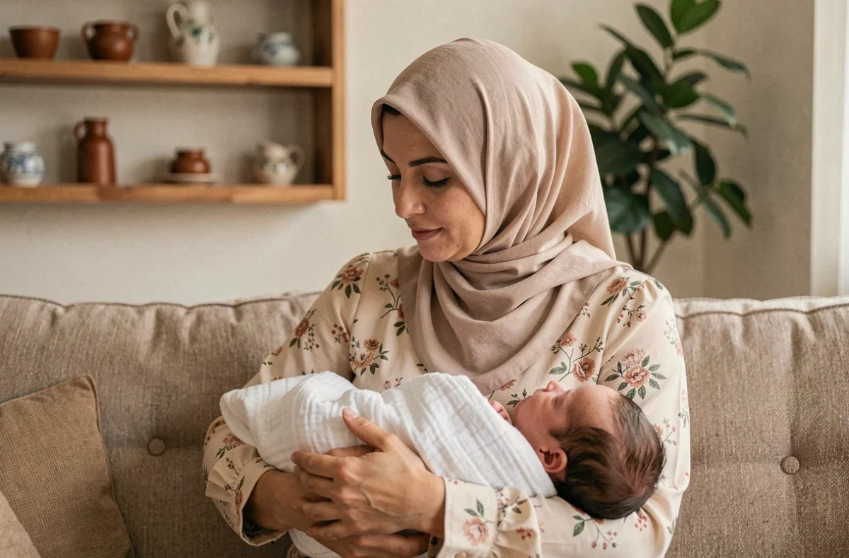 Femme musulmane en hijab tenant un nouveau-né et récitant une prière de protection contre le mauvais œil