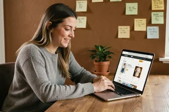 Femme préparant son panier Cyber Monday sur un ordinateur portable dans un bureau à domicile