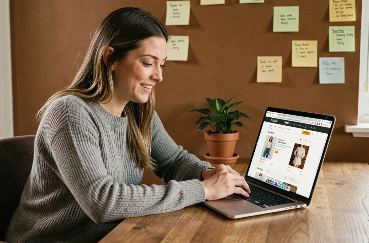 Femme préparant son panier Cyber Monday sur un ordinateur portable dans un bureau à domicile