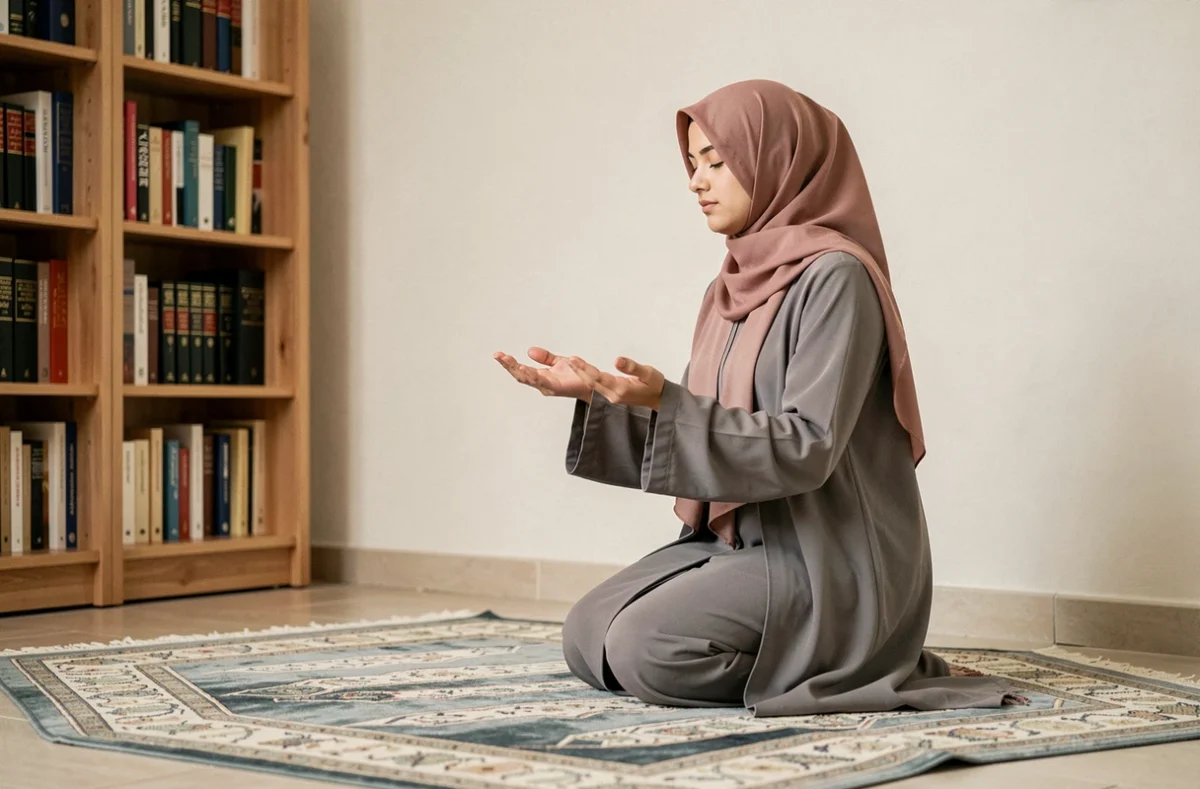 Jeune femme musulmane en prière du maghrib sur son tapis de prière dans un appartement français