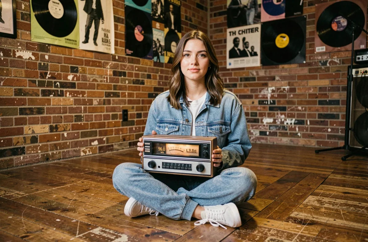 Jeune femme tenant une radio FM affichant la fréquence Skyrock dans un studio de musique urbain