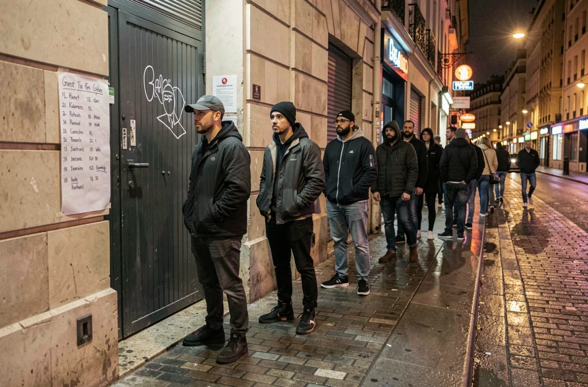 File d'attente devant un club techno parisien la nuit avec portier et liste d'invités