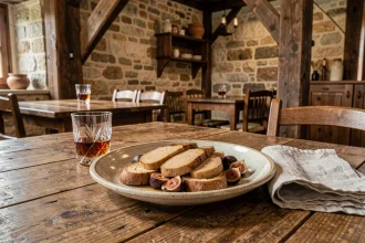 Assiette de foie gras poêlé avec figue caramélisée et verre d'armagnac sur une table en bois dans un restaurant gascon traditionnel
