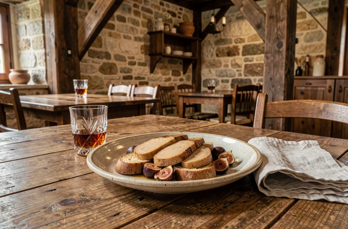 Assiette de foie gras poêlé avec figue caramélisée et verre d'armagnac sur une table en bois dans un restaurant gascon traditionnel