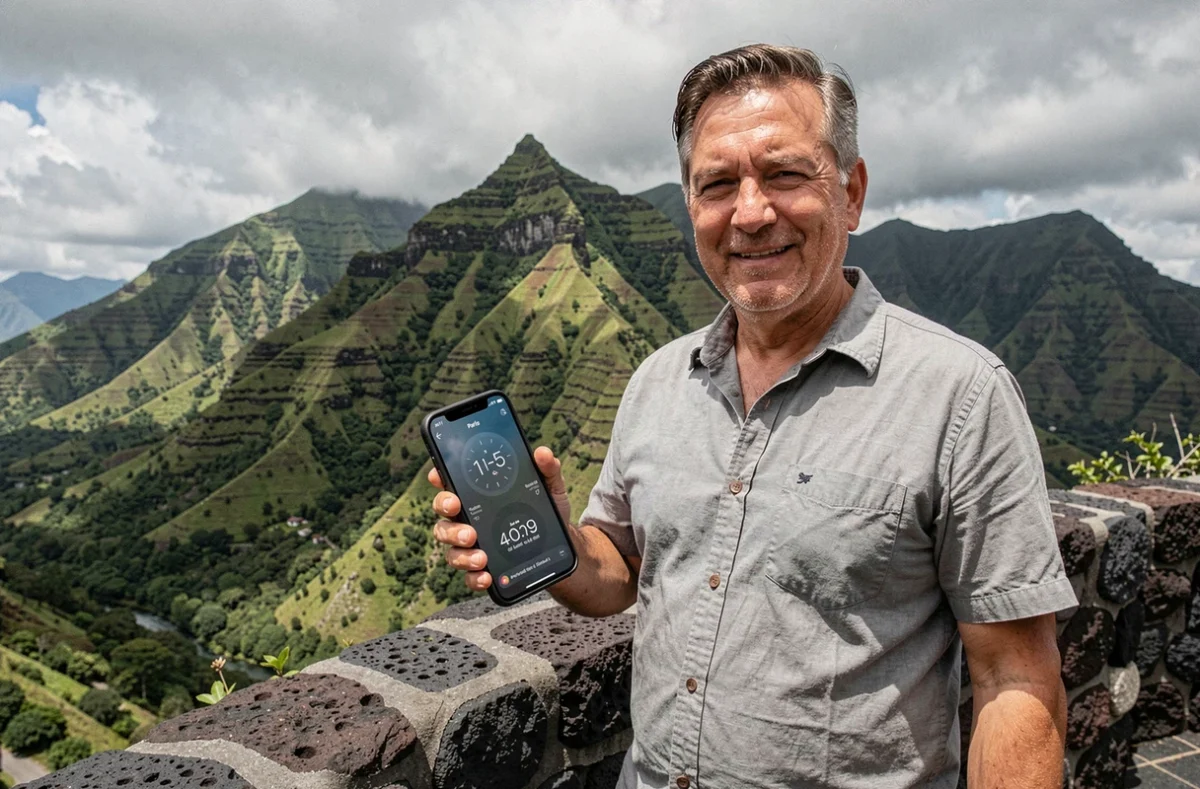 Homme consultant un fuseau horaire sur smartphone avec vue sur les montagnes de La Réunion