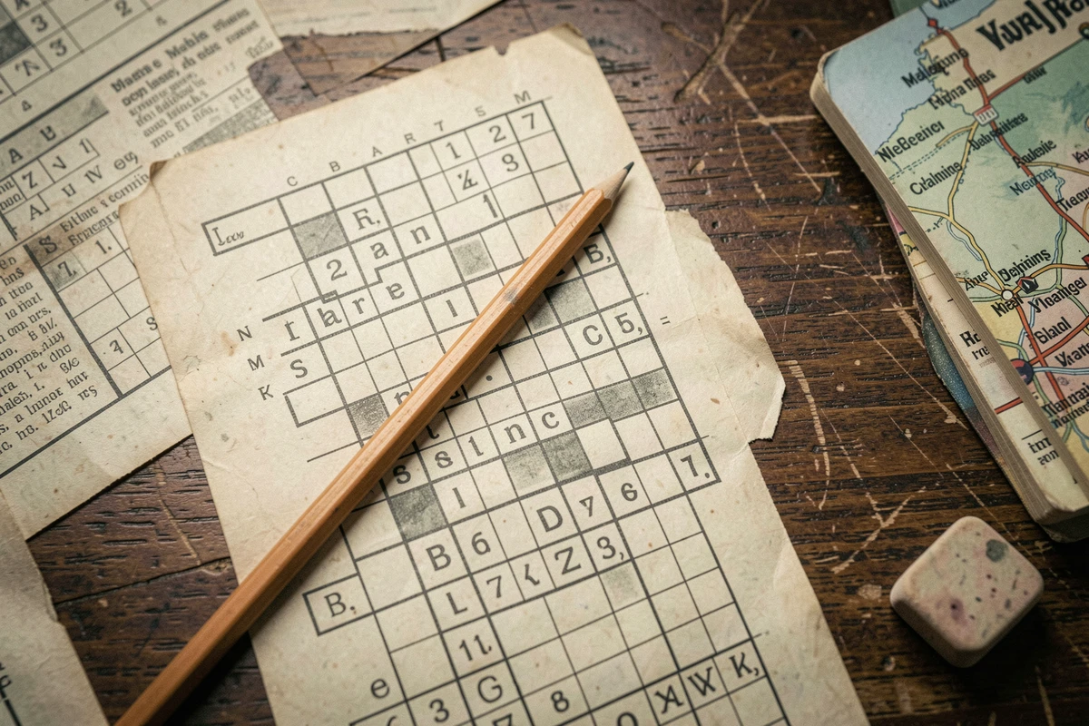 Vue aérienne d'une grille de mots croisés partiellement remplie avec un crayon et un guide touristique des villes belges