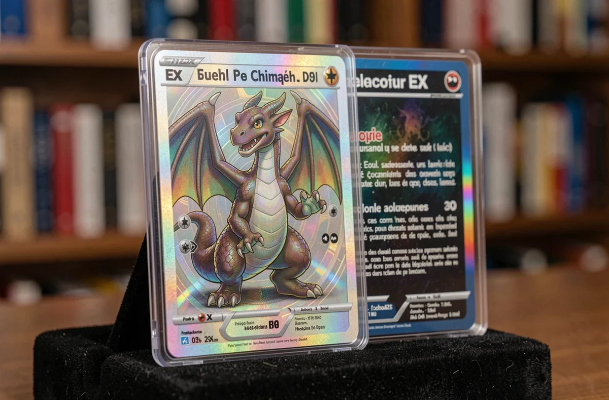 Gros plan sur une carte holographique Pokémon Dracaufeu Ex dans un étui rigide avec une version française en arrière-plan
