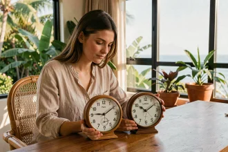 Femme comparant deux horloges indiquant l'heure à Paris et à La Réunion dans un bureau tropical