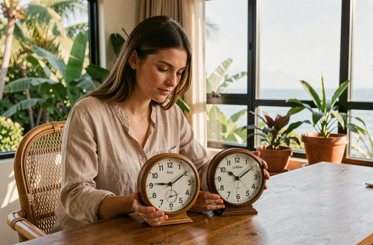 Femme comparant deux horloges indiquant l'heure à Paris et à La Réunion dans un bureau tropical