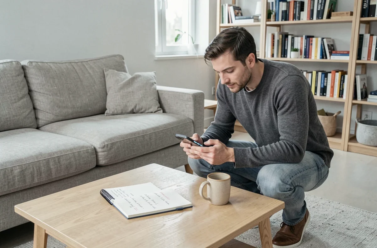Homme consultant des offres Cyber Monday sur smartphone avec une liste de courses manuscrite