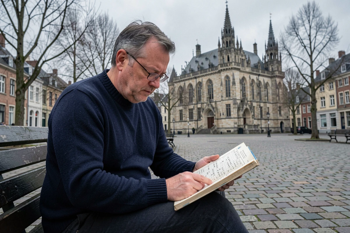 Homme consultant un livre de mots croisés sur une place pavée d'une ville belge historique avec hôtel de ville gothique
