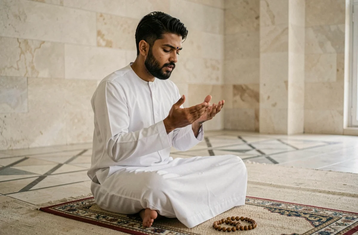 Homme musulman en thobe récitant une invocation protectrice sur un tapis de prière dans une mosquée