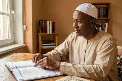 Homme musulman consultant un tableau des horaires de prière à Mons-en-Barœul dans son bureau à domicile
