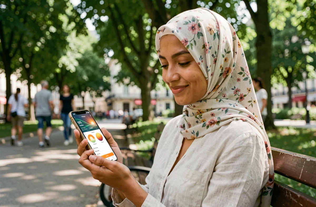 Jeune femme consultant les horaires de prière estivaux sur son smartphone dans un parc à Mons-en-Barœul